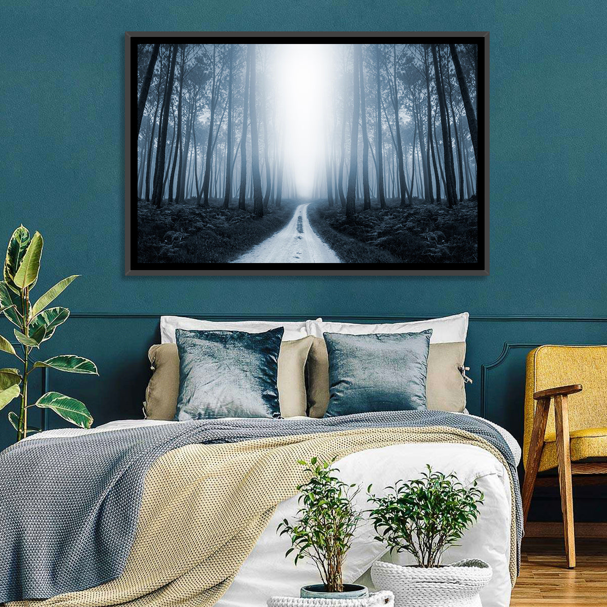 Misty Forest Road at Twilight Wall Art in a room, landscape