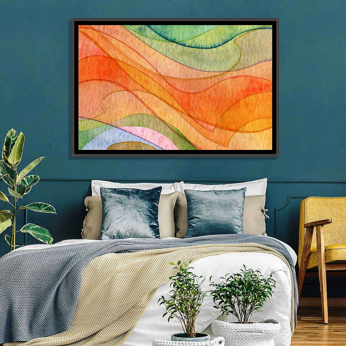 Flying Waves Abstract Wall Art in a room, landscape