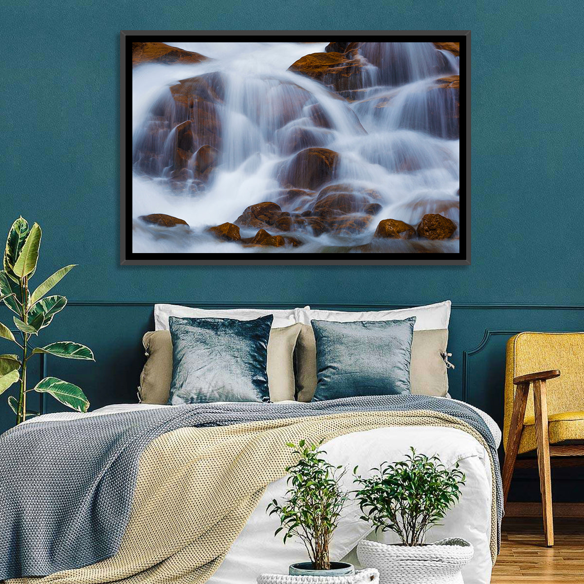 Rocky Mountain Waterfall Wall Art in a room, landscape