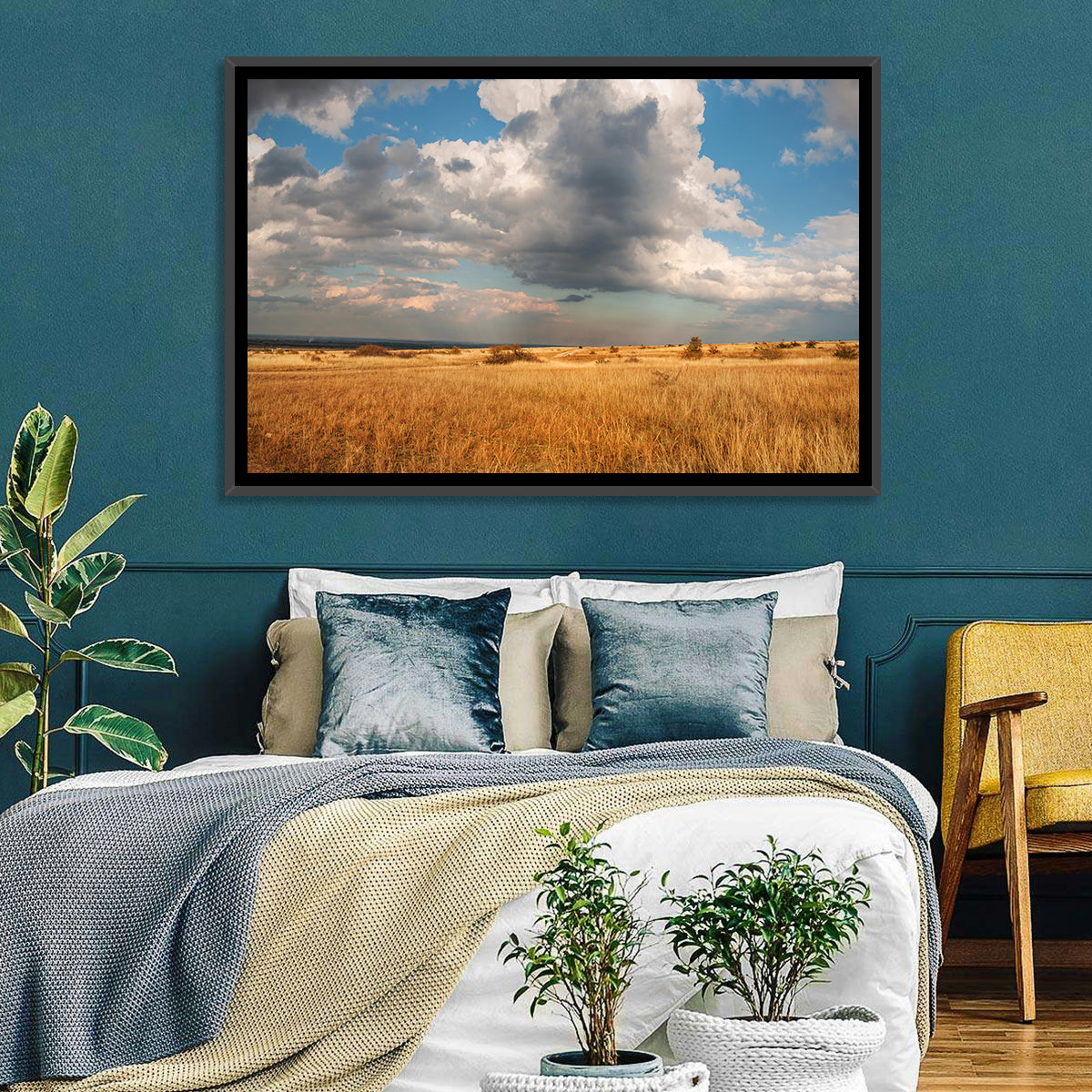 Golden Oklahoma Prairie Wall Art in a room, landscape