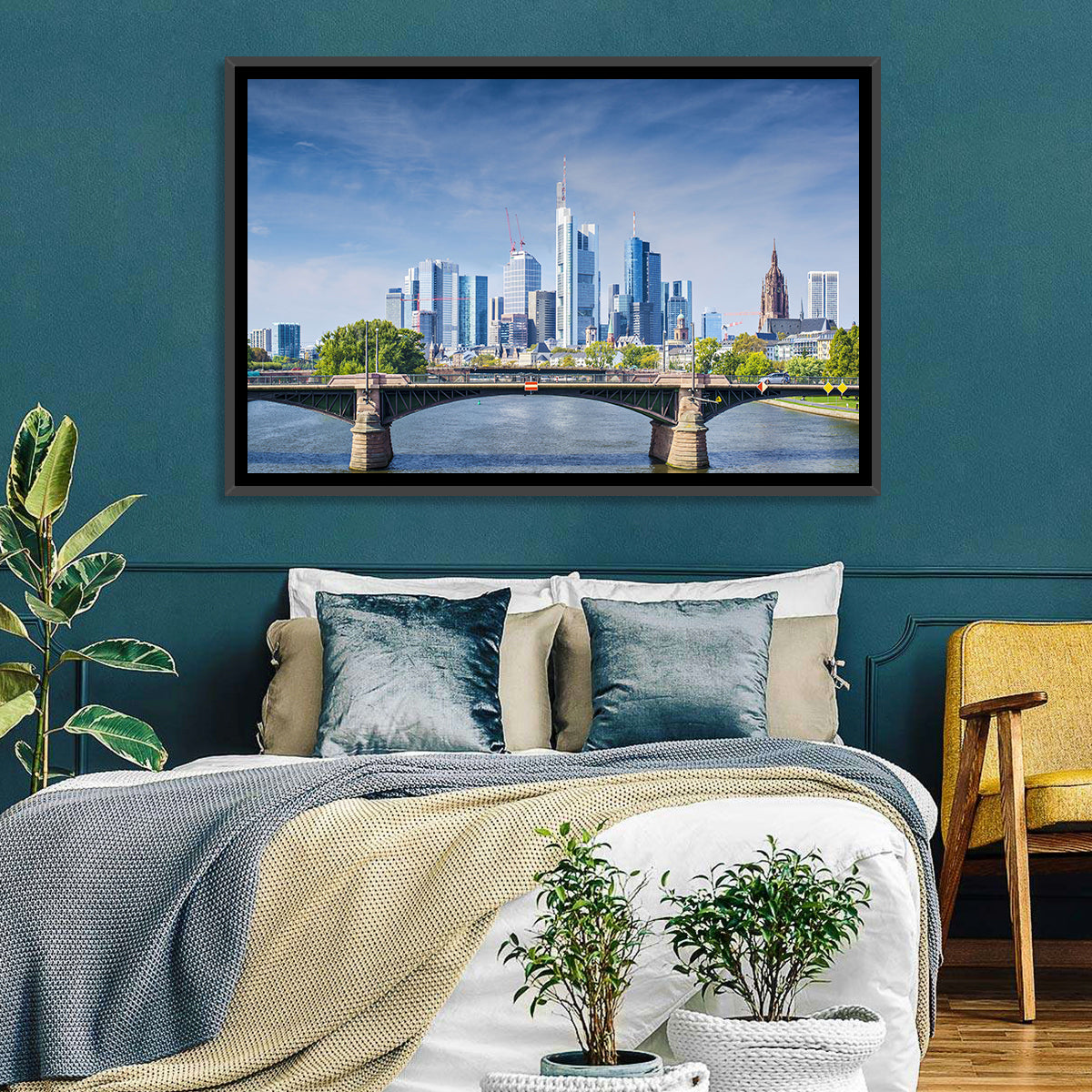 Frankfurt Skyline with Eiserner Steg Wall Art in a room, landscape