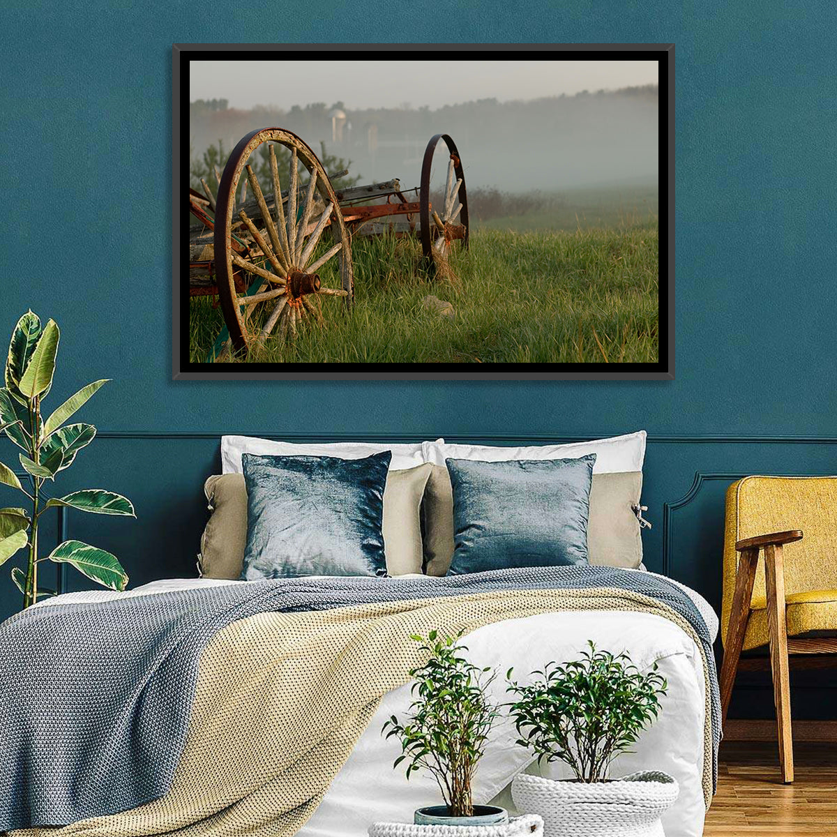 Weathered Wagon in Morning Mist Wall Art in a room, landscape