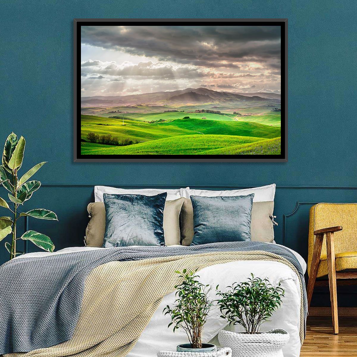 Tuscan Sunlit Hills Wall Art in a room, landscape