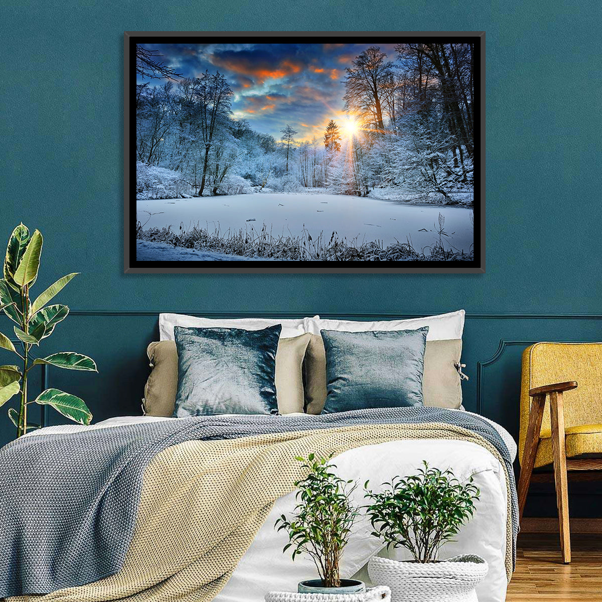 Frozen Forest Lake Wall Art in a room, landscape