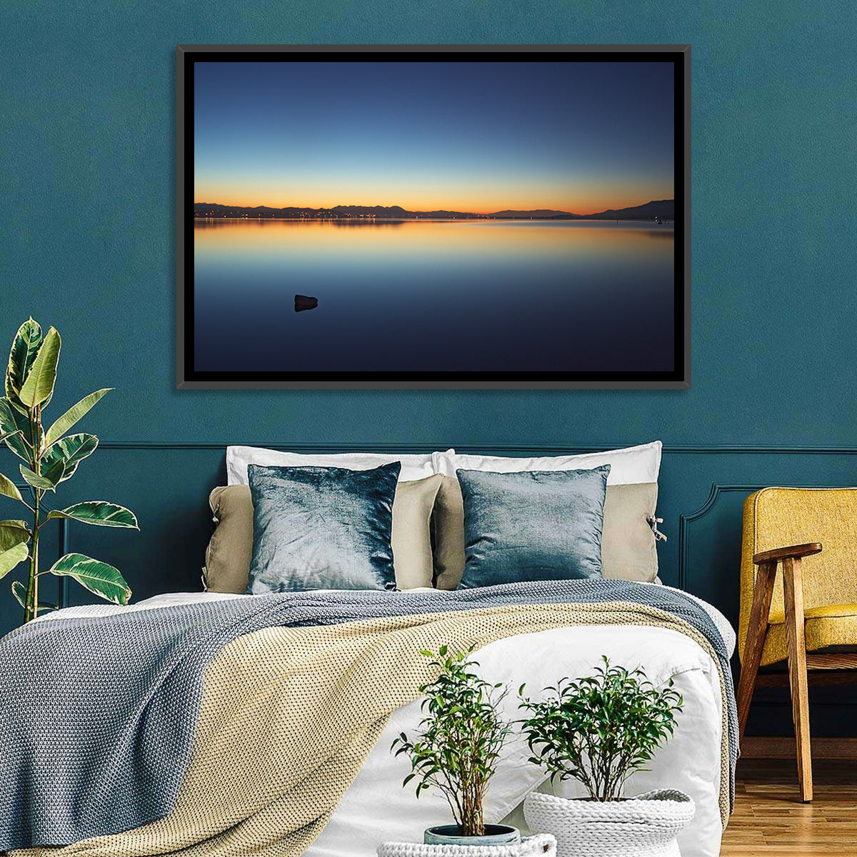 Lake Elsinore Sunset Wall Art in a room, landscape