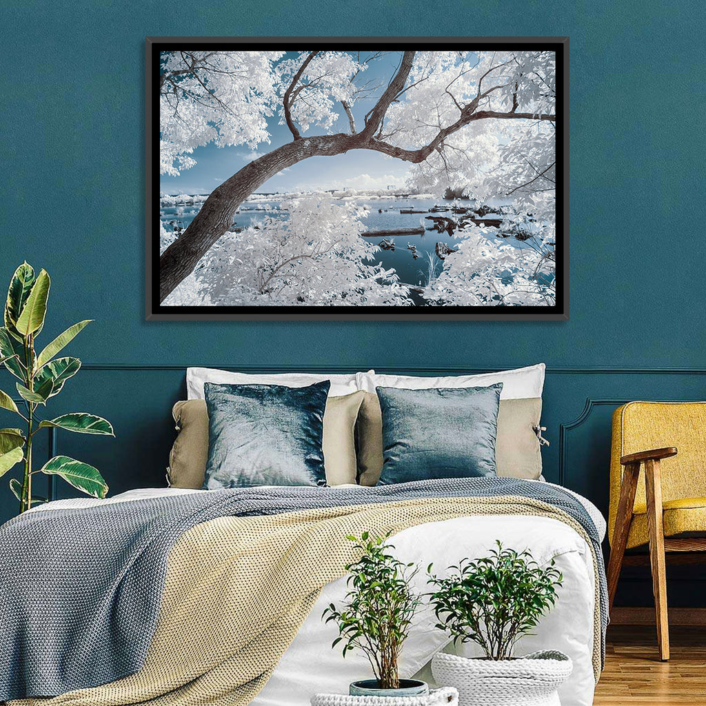 Curving Winter Tree Over Lake Wall Art