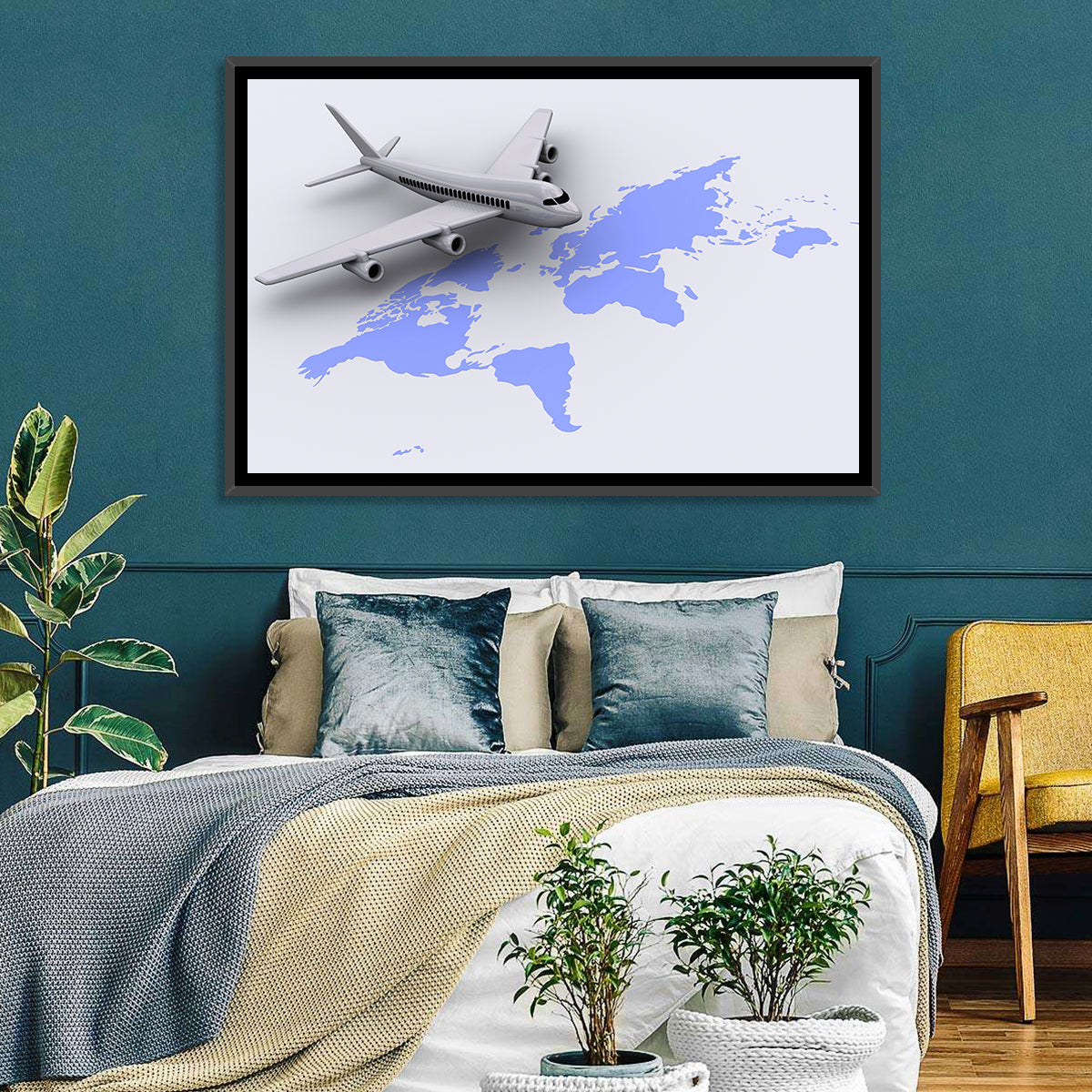 Airplane Over World Map Wall Art in a room, landscape