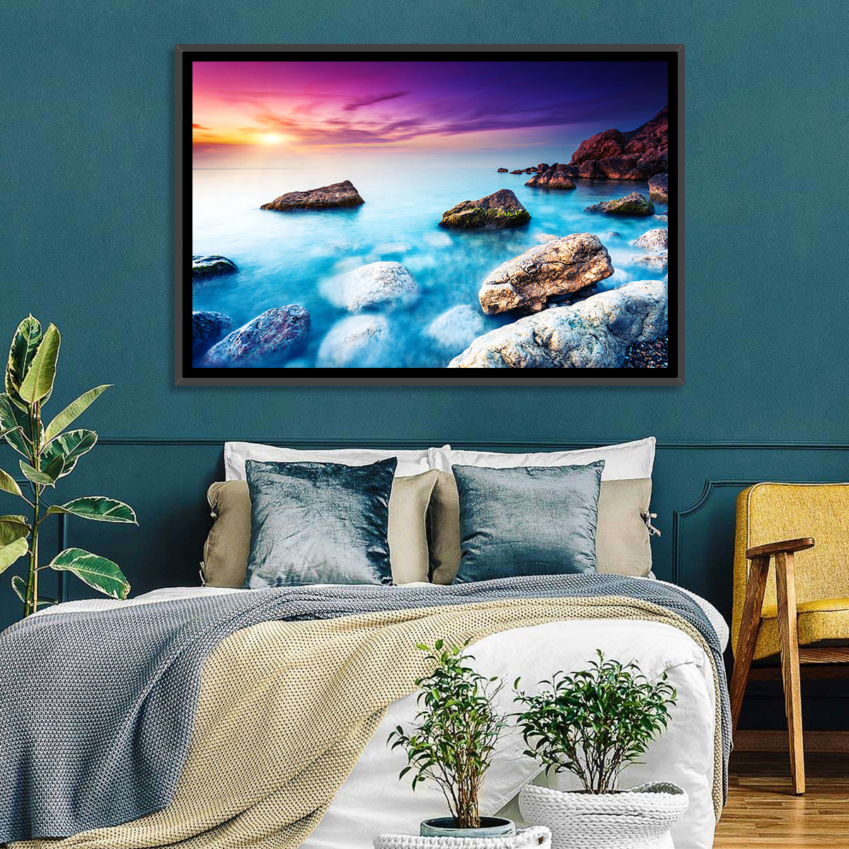 Rocky Beach Sunset Wall Art in a room, landscape