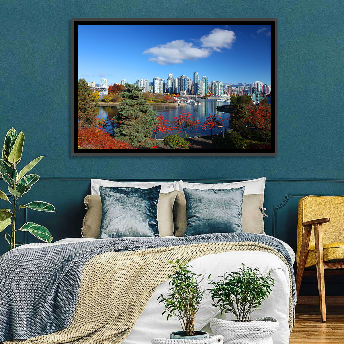 Vancouver Autumn Skyline Wall Art in a room, landscape