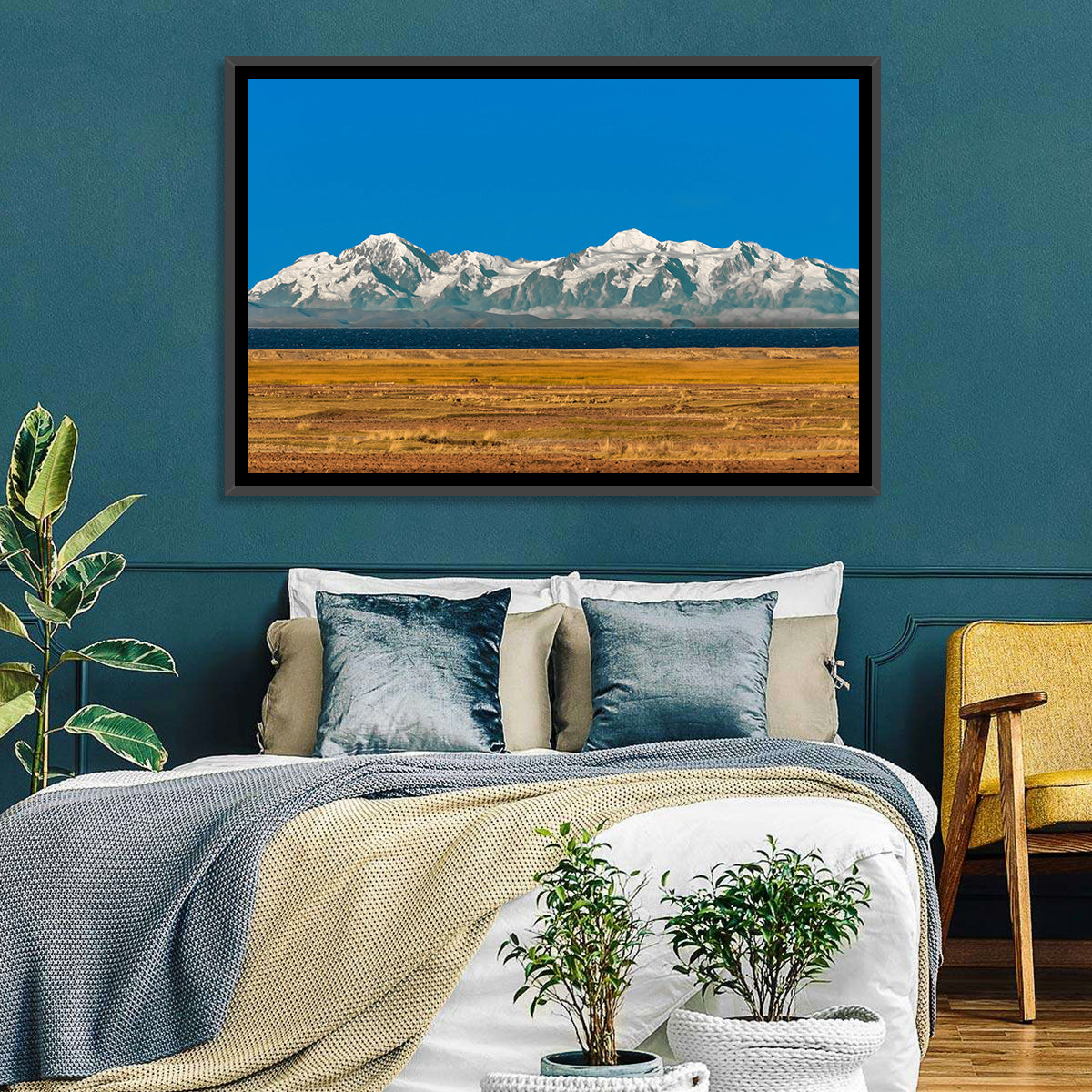 Snow-capped Peaks Over Lake Titicaca Wall Art in a room, landscape