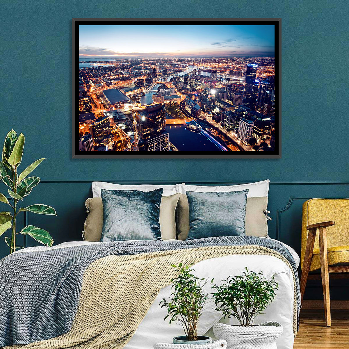 Melbourne Twilight Skyline Wall Art in a room, landscape