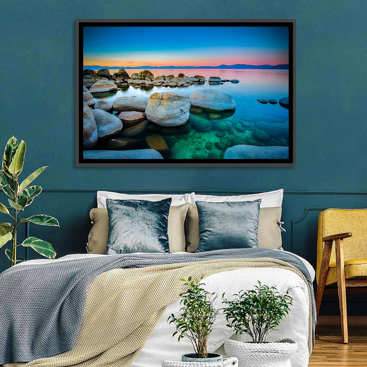 Lake Tahoe Sunset Boulders Wall Art in a room, landscape