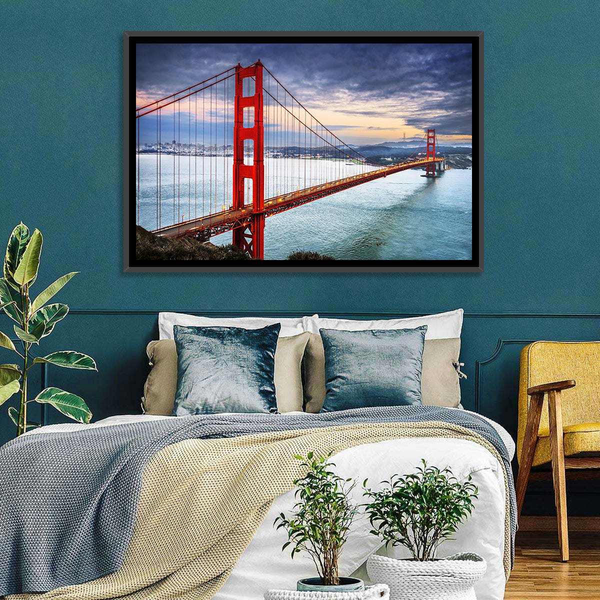 Golden Gate Bridge at Dusk Wall Art in a room, landscape