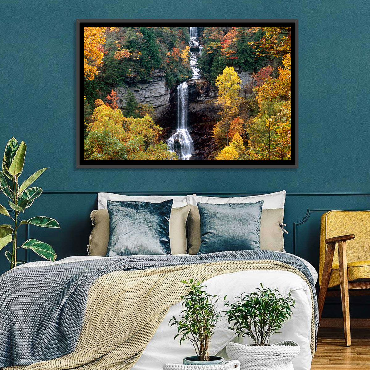 Raven Cliff Waterfall Wall Art in a room, landscape