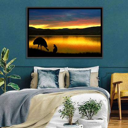 Kangaroo and Emu at Lake Sunset Wall Art