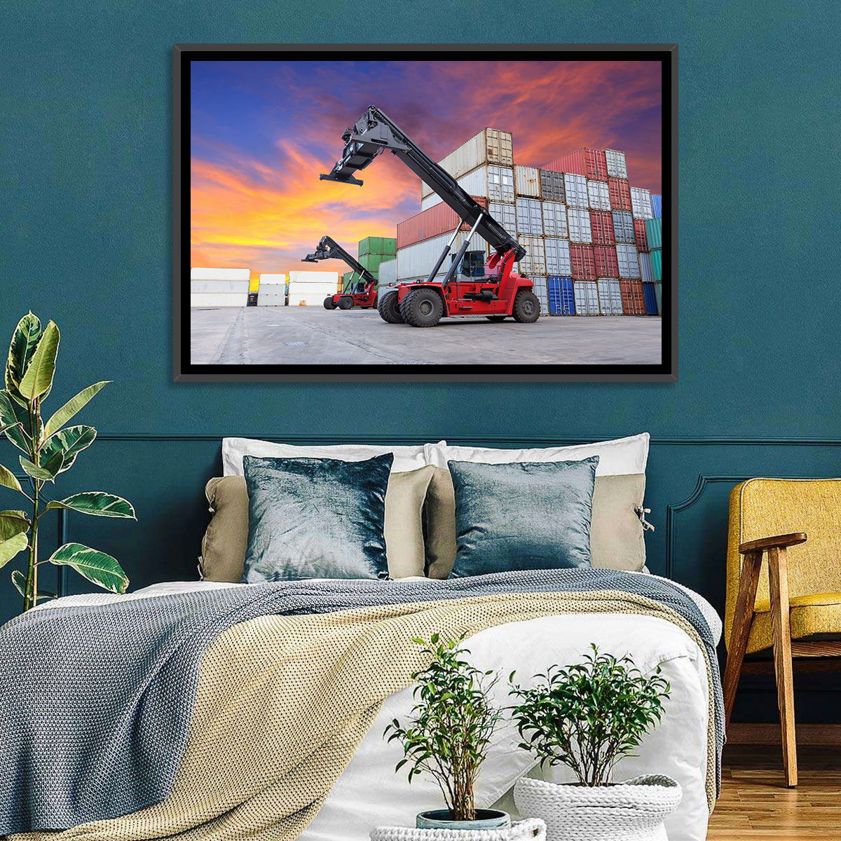 Red Reach Stackers at Sunset Wall Art in a room, landscape