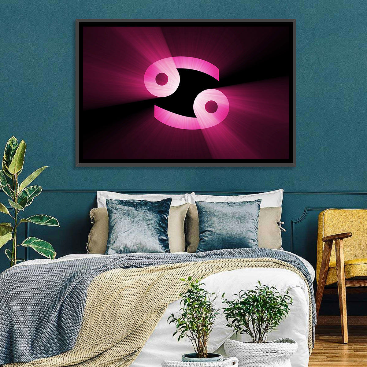 Glowing Pink Cancer Symbol Wall Art in a room, landscape
