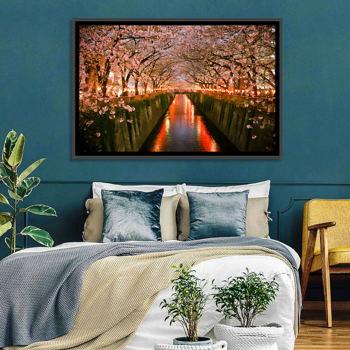 Meguro River Cherry Blossoms Wall Art in a room, landscape