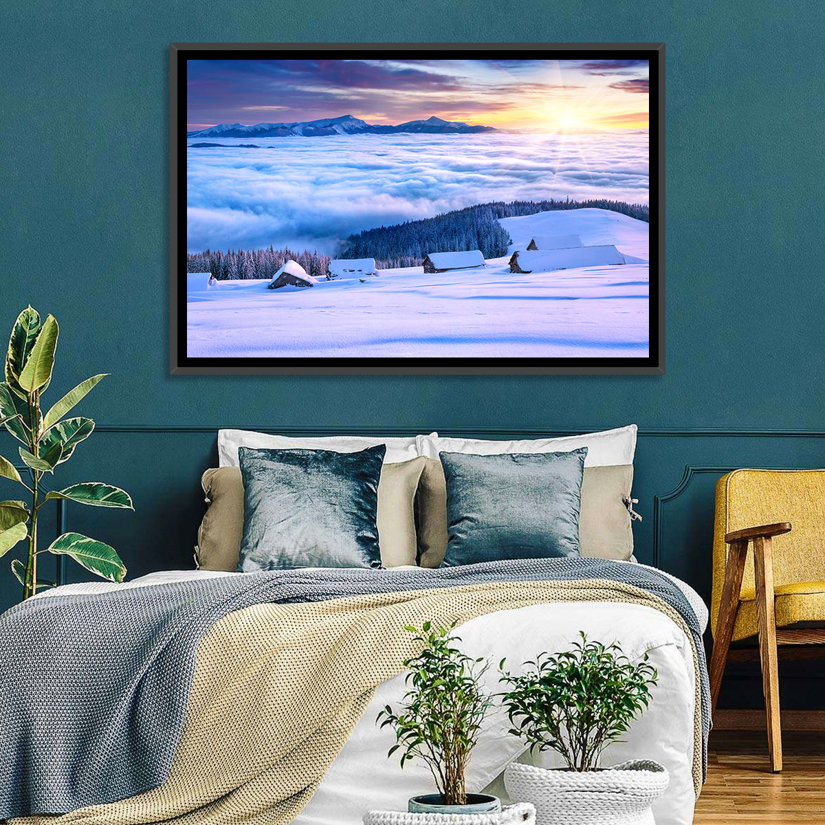 Snowy Cabins Above Clouds Wall Art in a room, landscape