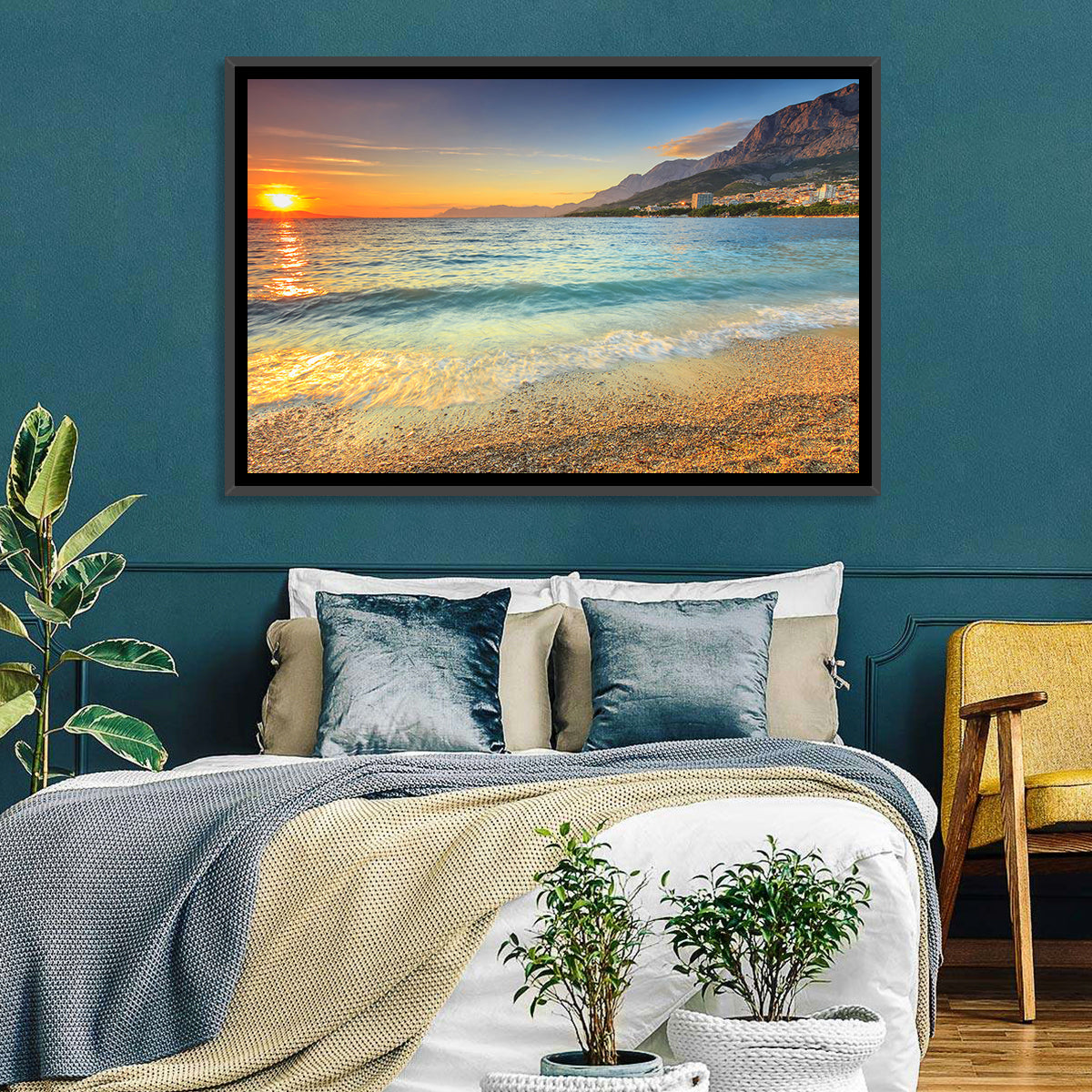 Makarska Pebble Beach Sunset Wall Art in a room, landscape