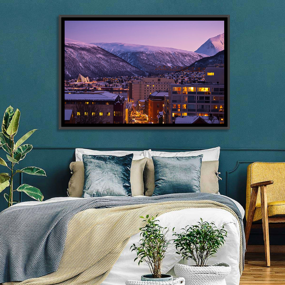 Tromsø Twilight Cityscape Wall Art in a room, landscape