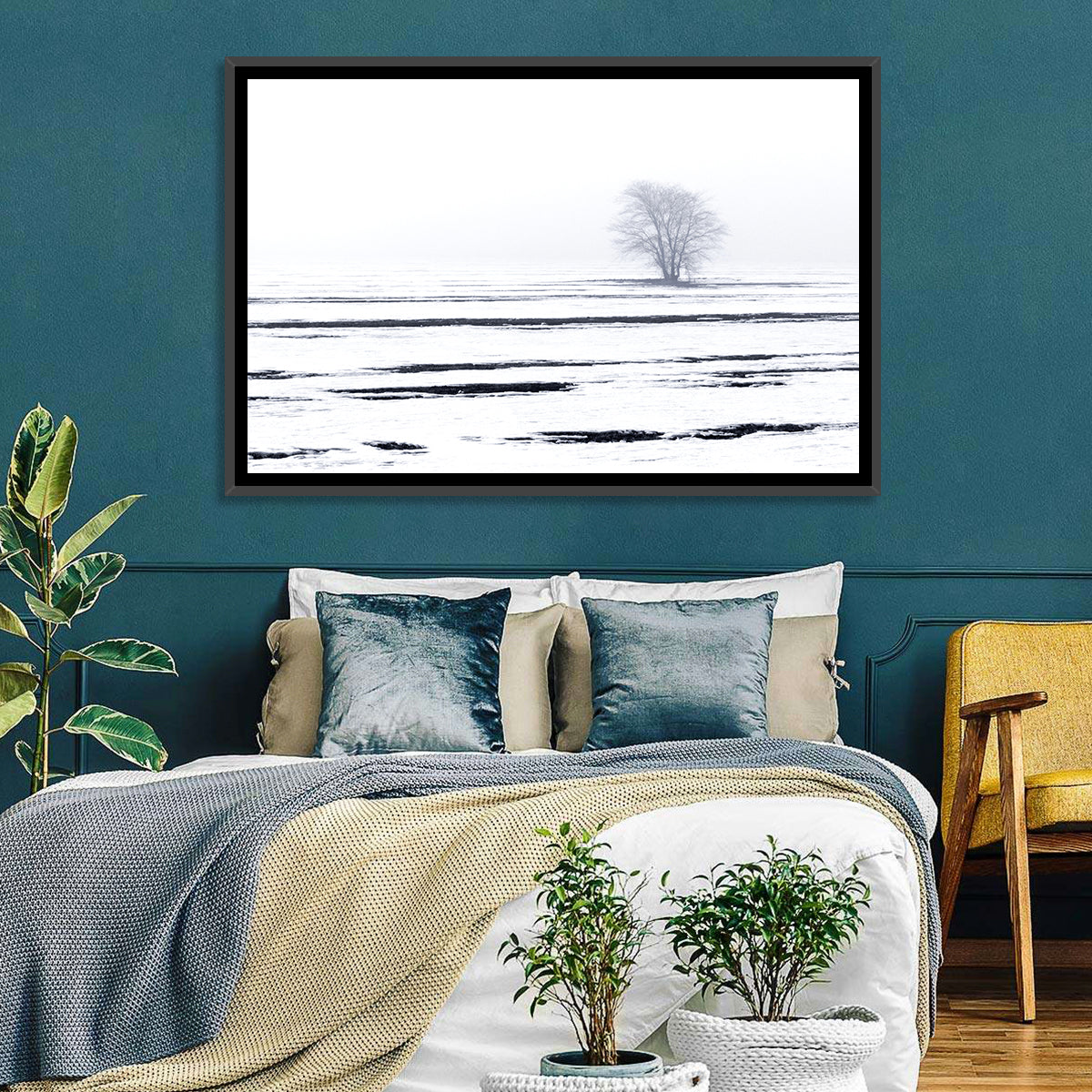 Foggy Winter Field with Lone Tree Wall Art in a room, landscape