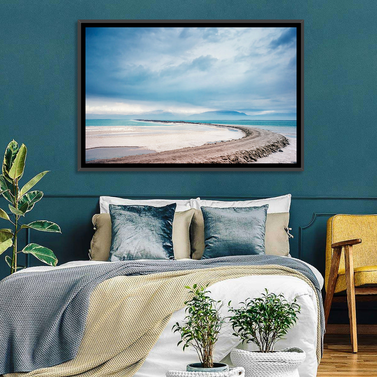 Dead Sea Salt Flats Coastline Wall Art in a room, landscape