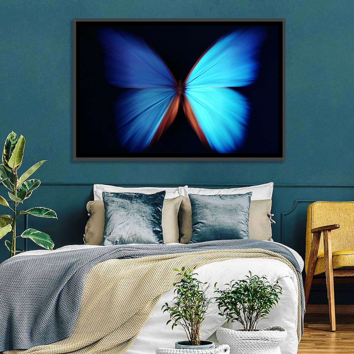 Blue Butterfly Macro Study Wall Art in a room, landscape