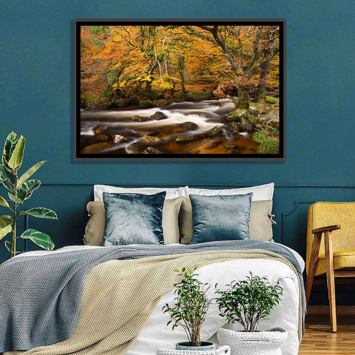 Dartmoor Autumn River in Golden Forest Wall Art in a room, landscape