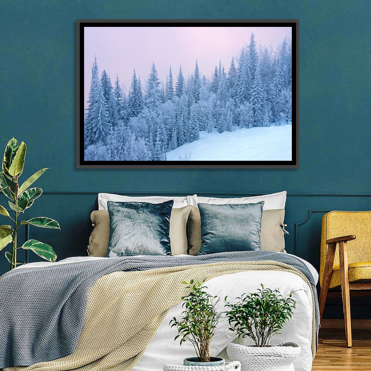 Snowy Winter Forest Wall Art in a room, landscape