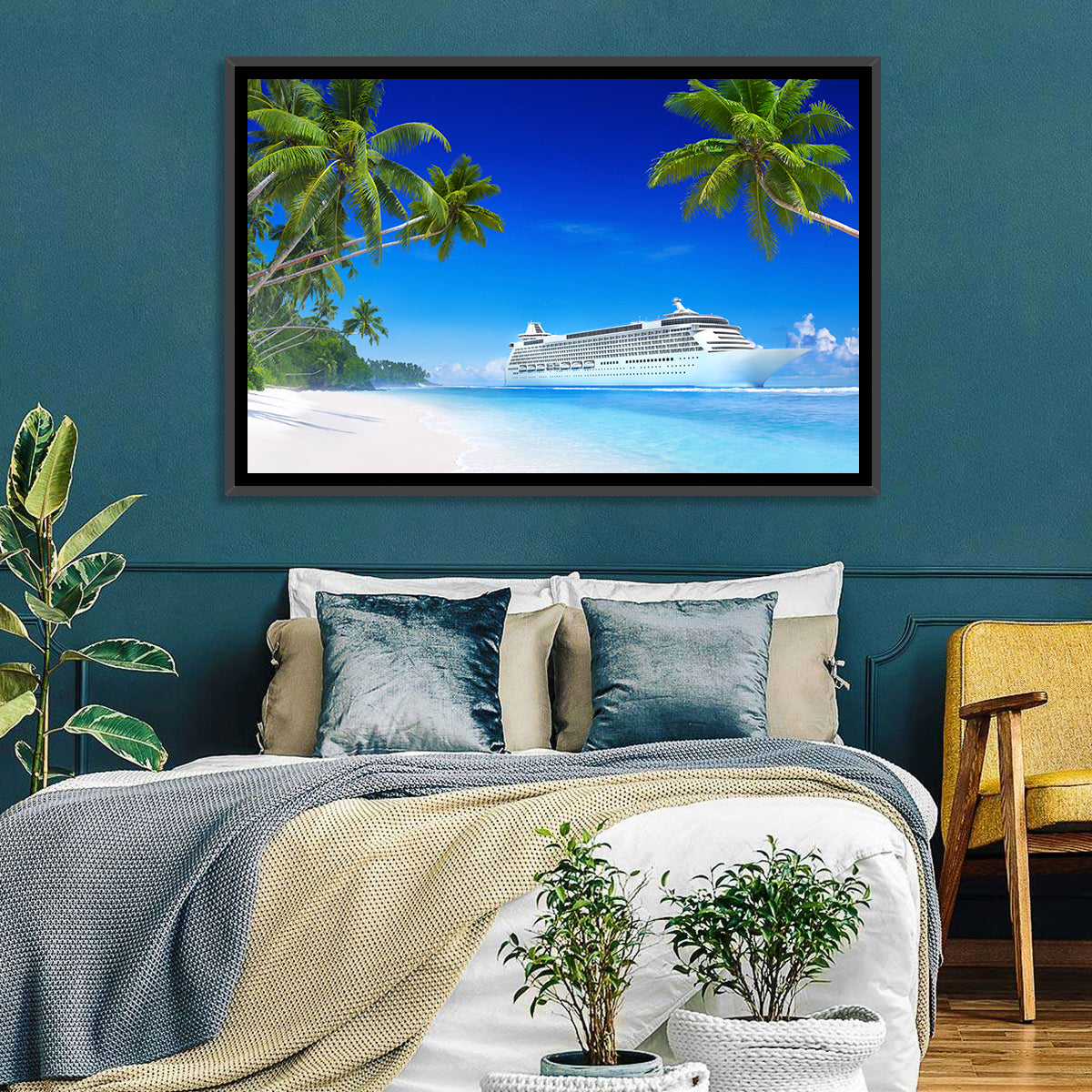 Tropical Beach Cruise Ship Shoreline Wall Art in a room, landscape