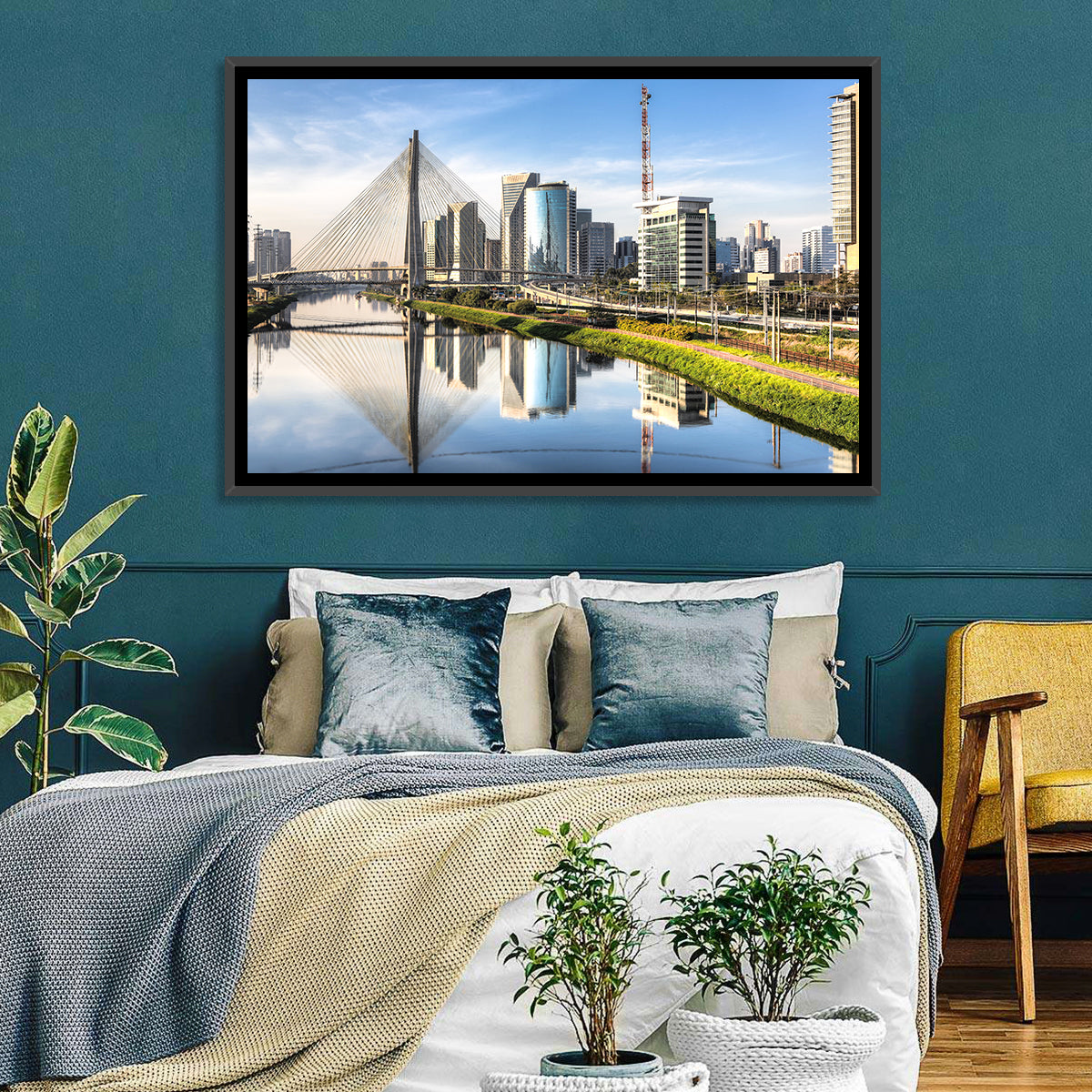 Estaiada Bridge Reflections Wall Art in a room, landscape