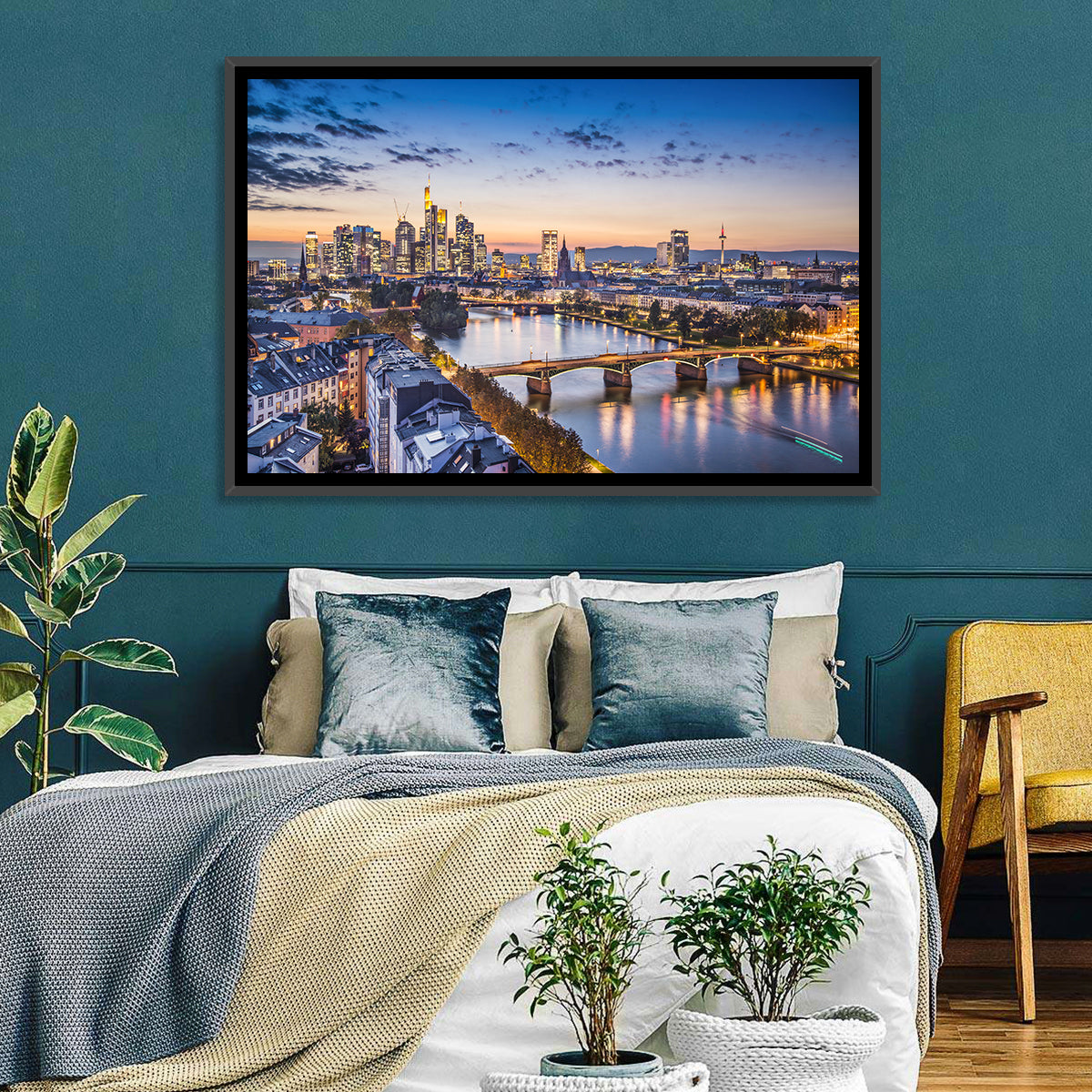 Frankfurt Twilight Skyline Wall Art in a room, landscape