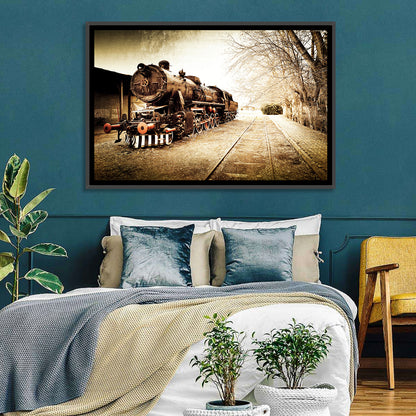 Sepia Steam Locomotive on Rusted Tracks Wall Art