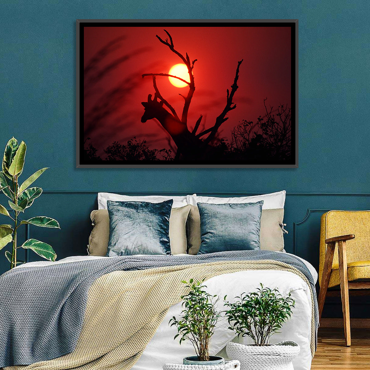 Giraffe Silhouette at Sunset Wall Art in a room, landscape