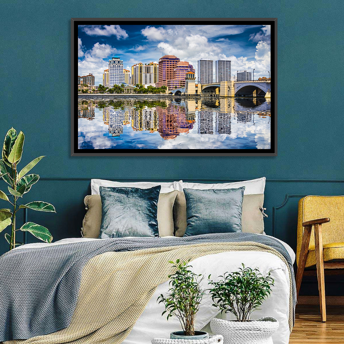 West Palm Beach Skyline Reflection Wall Art in a room, landscape
