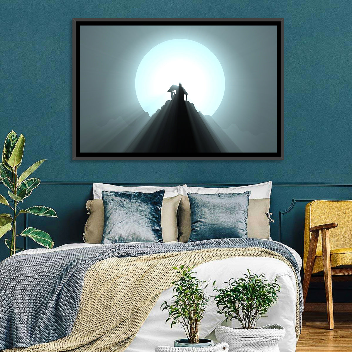 Moonlit Mountain Hut Wall Art in a room, landscape