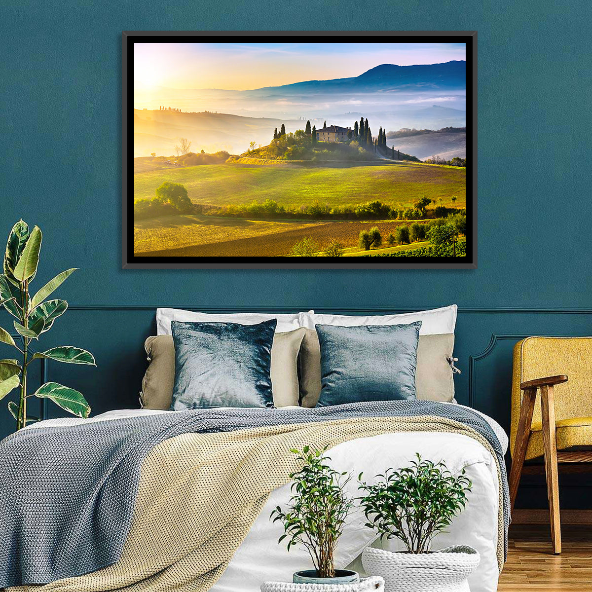 Tuscan Morning Landscape Wall Art in a room, landscape