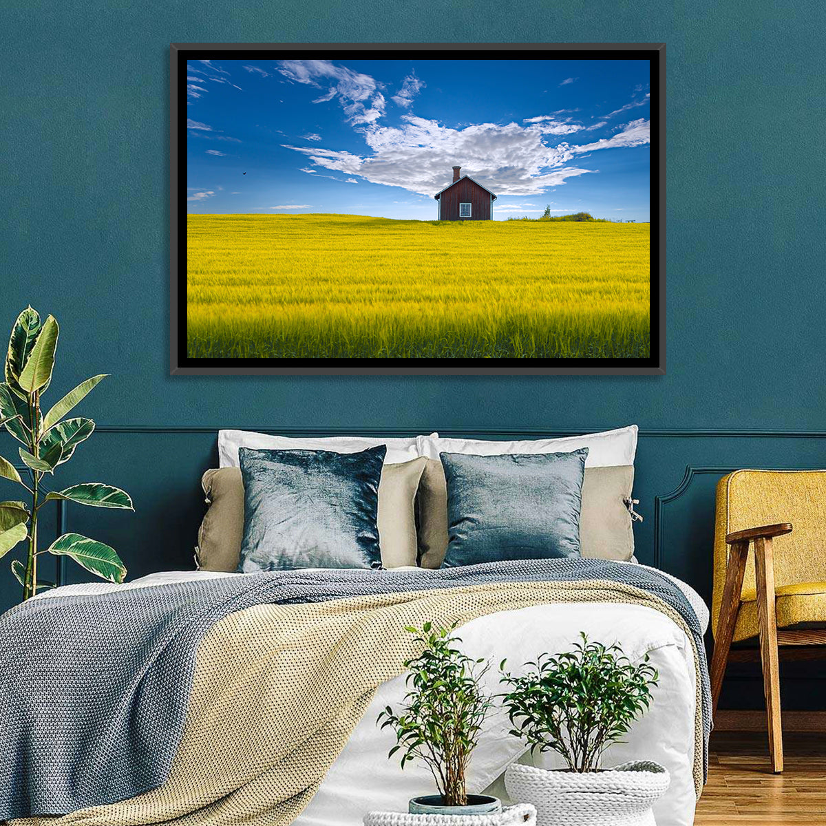 Red Barn in Golden Wheat Field Wall Art in a room, landscape