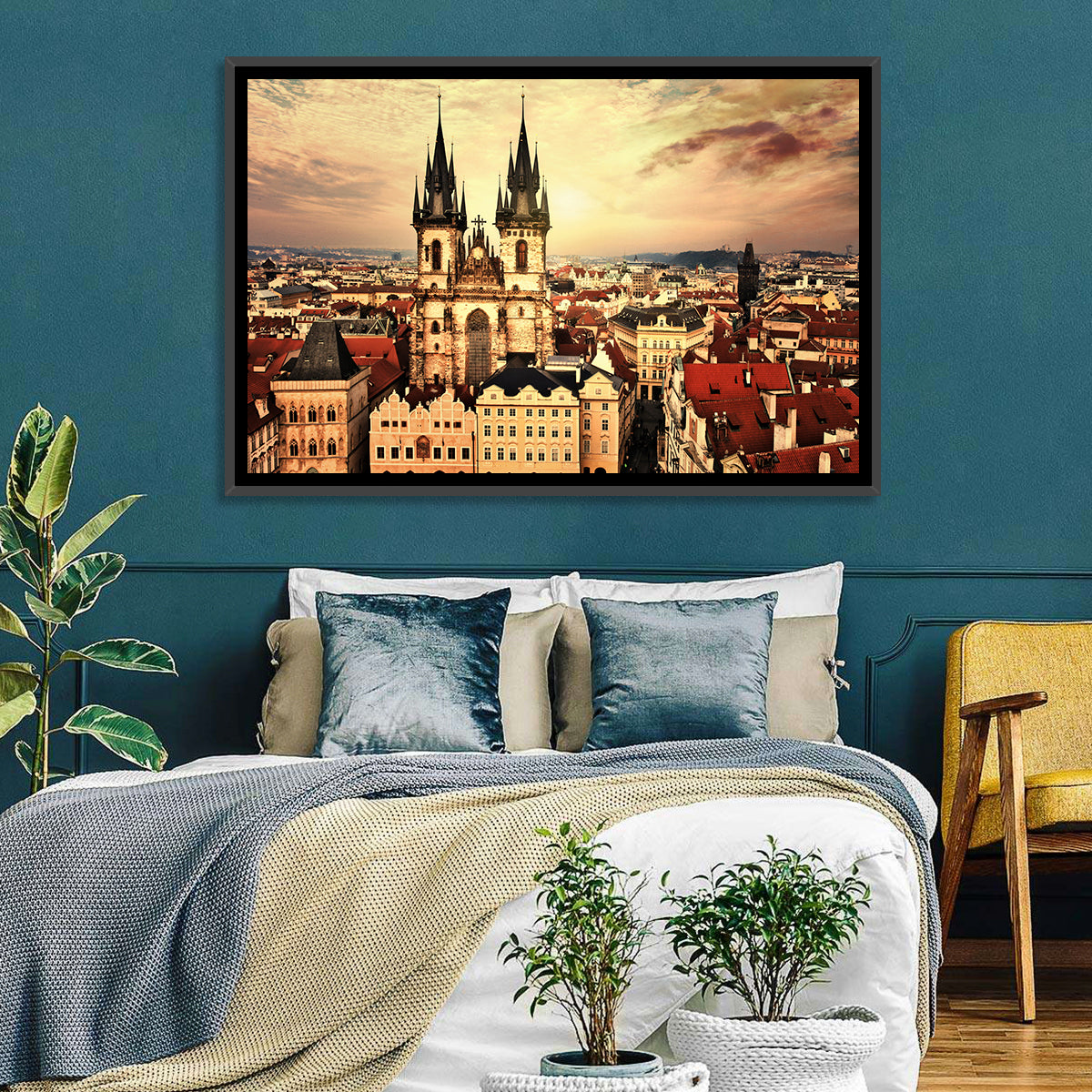 Prague Old Town Skyline at Golden Hour Wall Art in a room, landscape