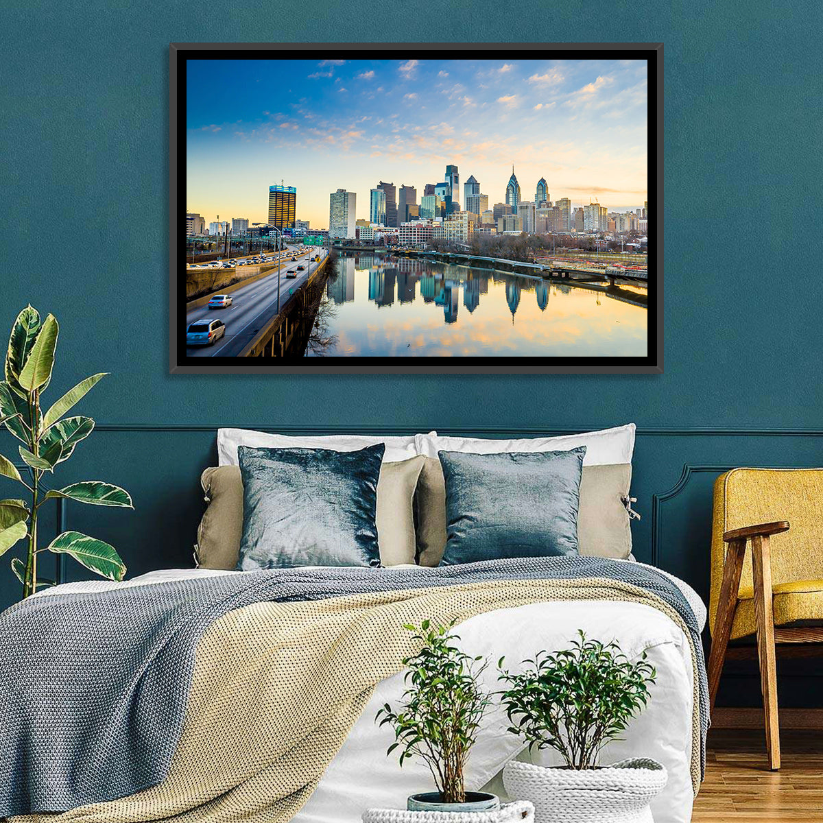 Philadelphia Skyline at Dusk Wall Art in a room, landscape