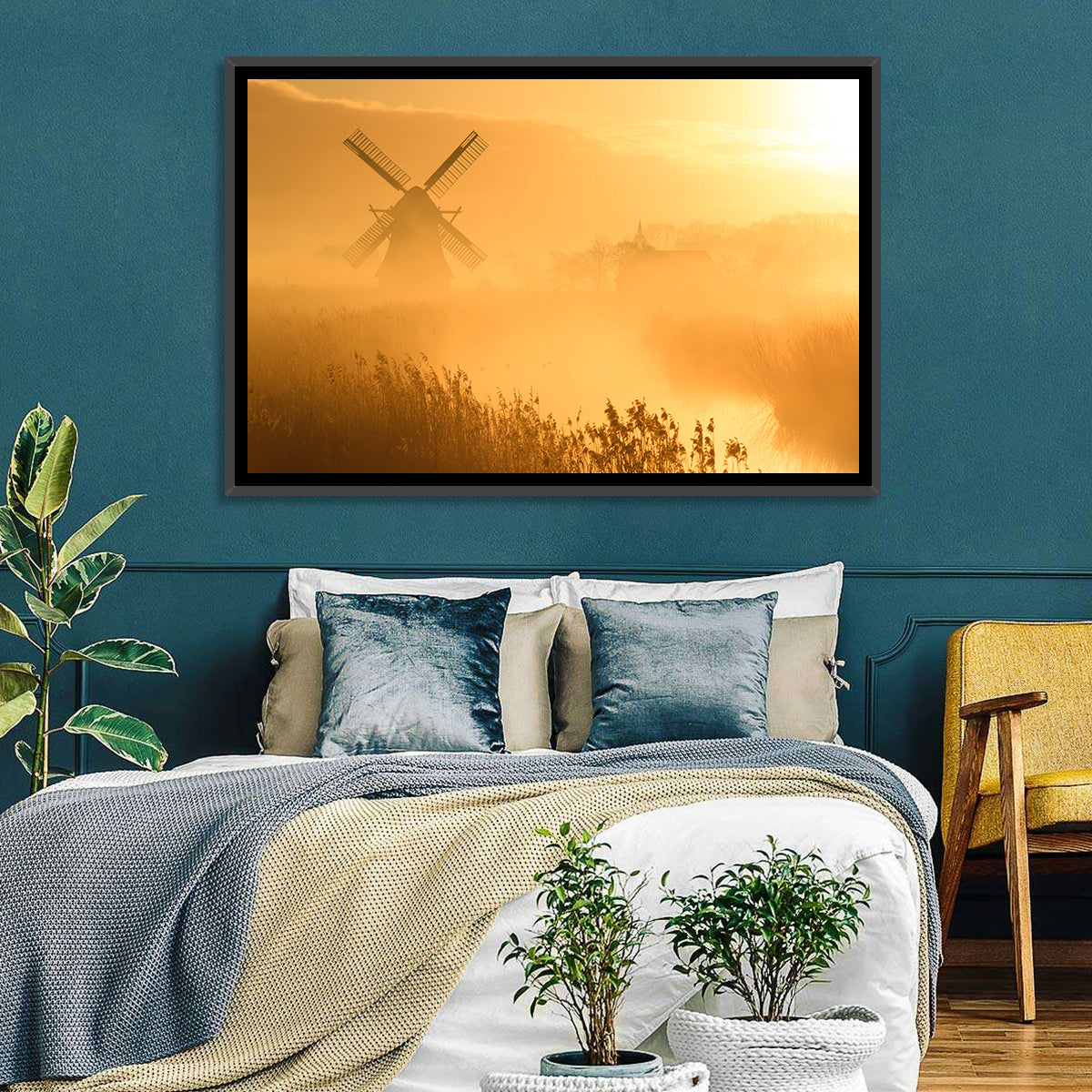 Golden Dutch Windmill Sunrise Wall Art in a room, landscape
