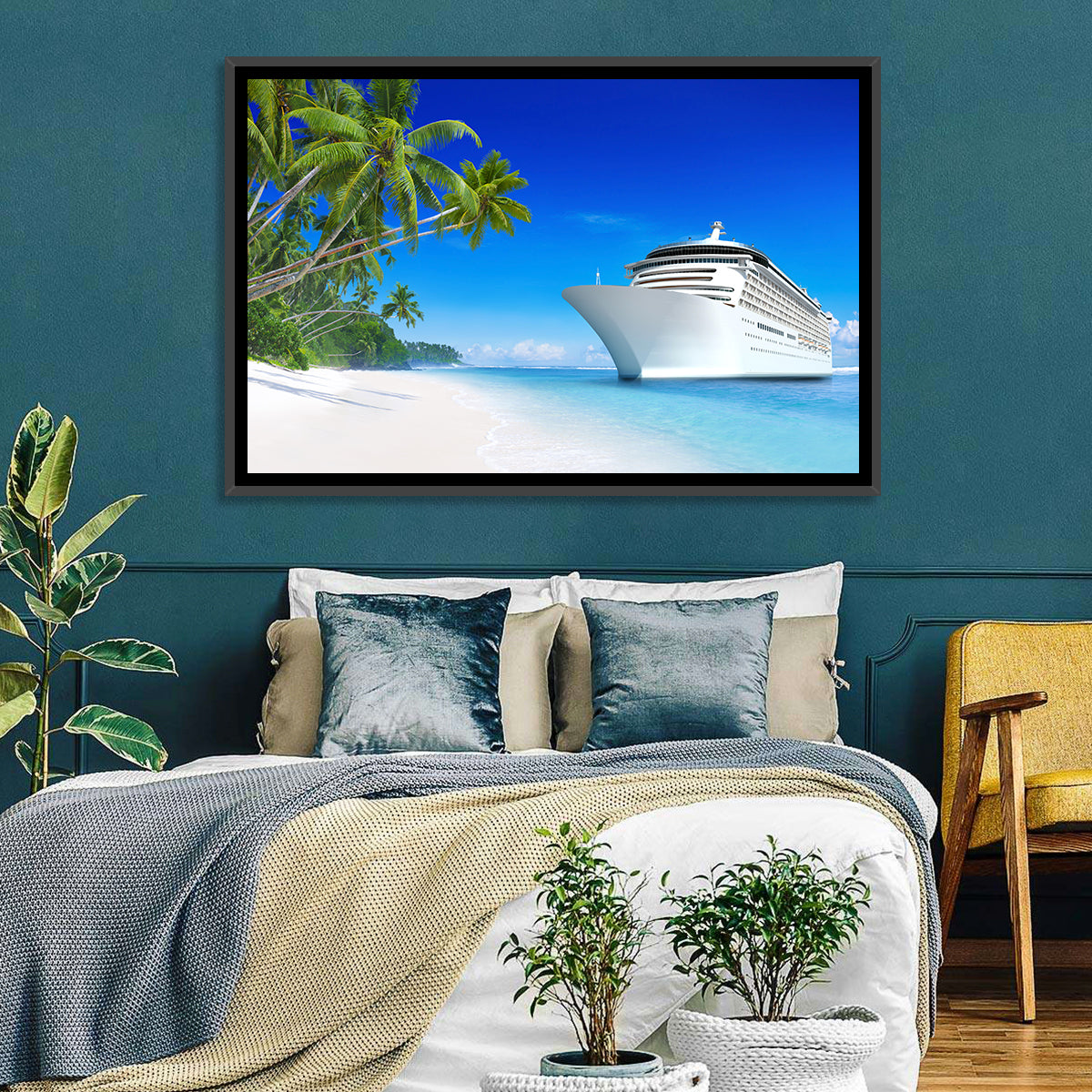 Cruise Ship Beside Tropical Beach Wall Art in a room, landscape