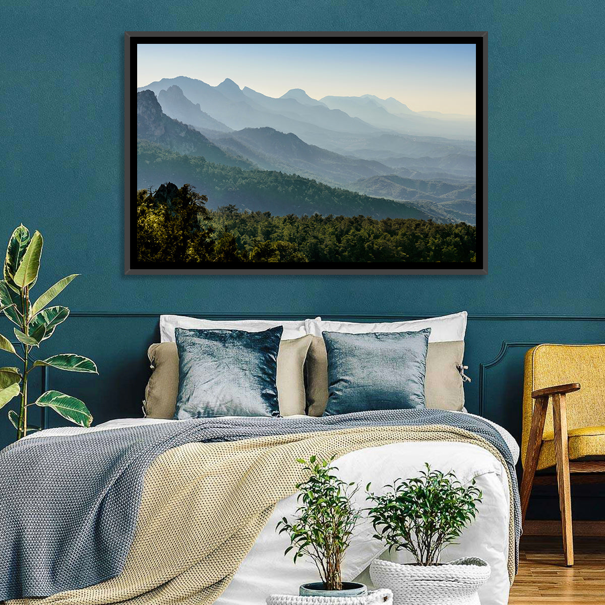 Misty Mountain Ridges Wall Art in a room, landscape