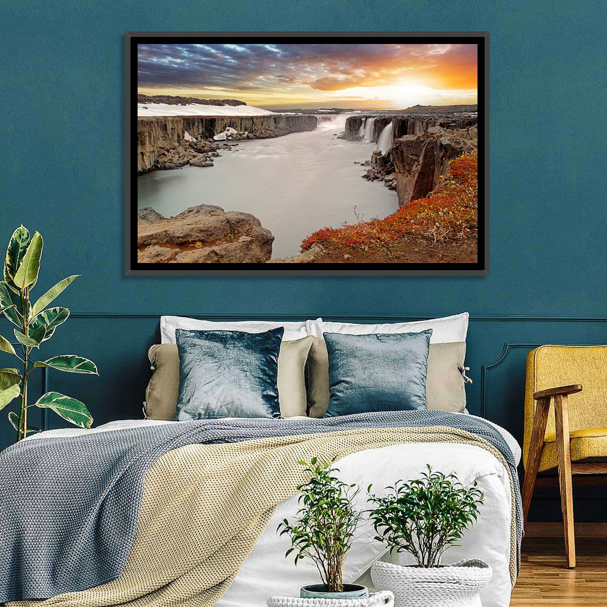 Selfoss Waterfall at Sunset Wall Art in a room, landscape