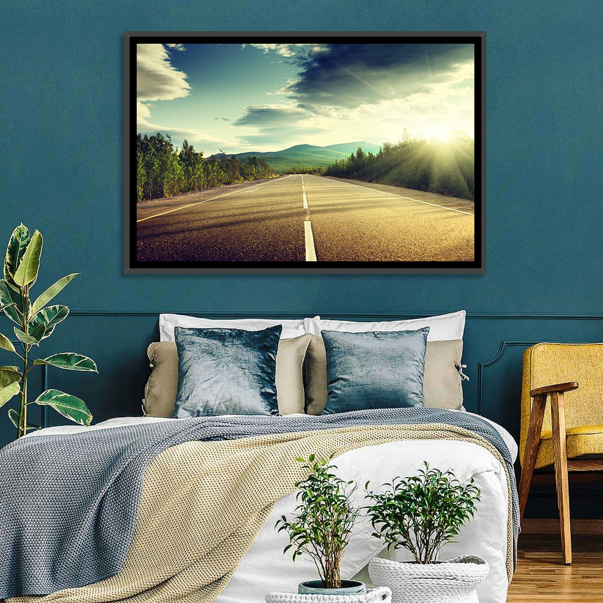 Sunlit Asphalt Road Wall Art in a room, landscape