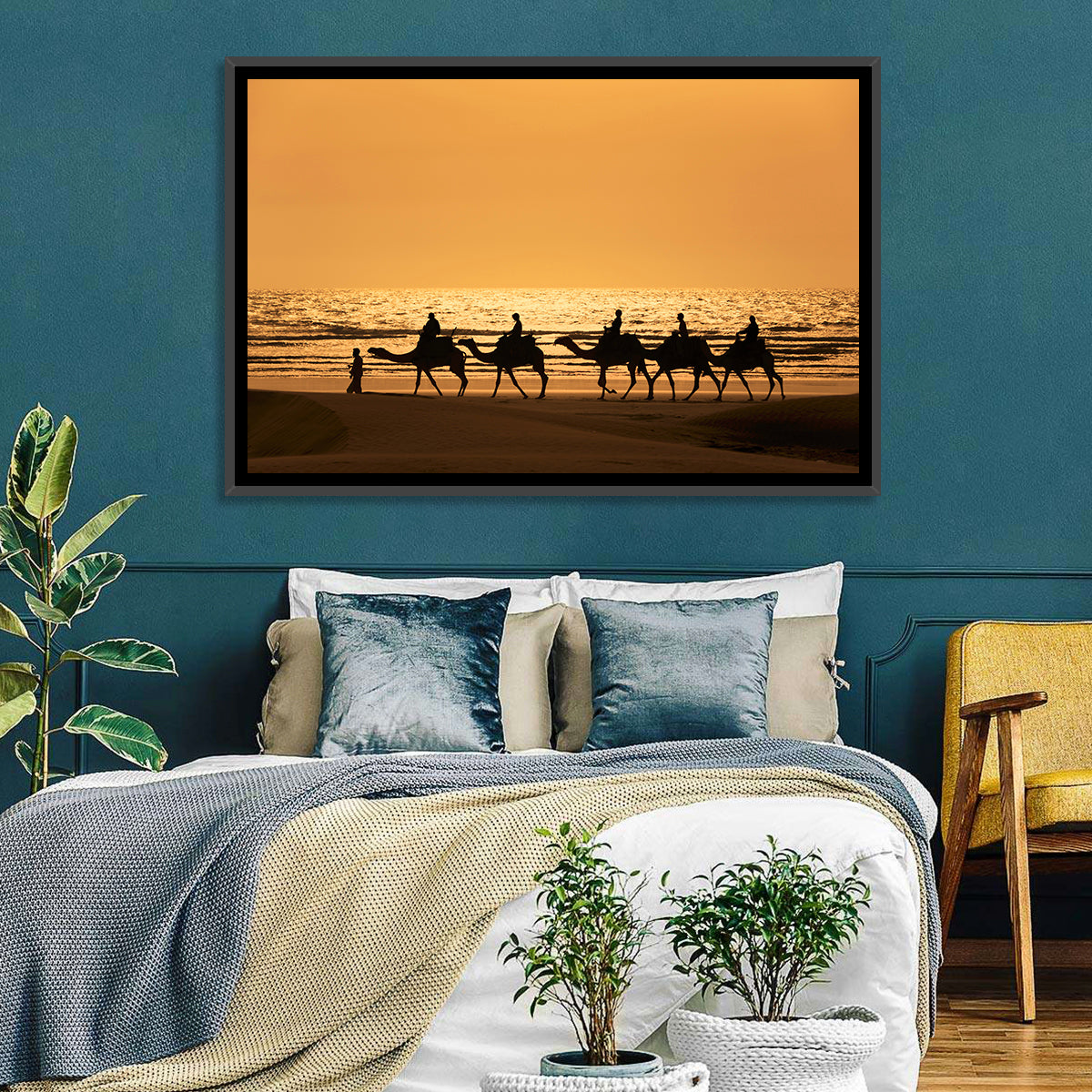 Camel Caravan Silhouette on Wet Sand Wall Art in a room, landscape