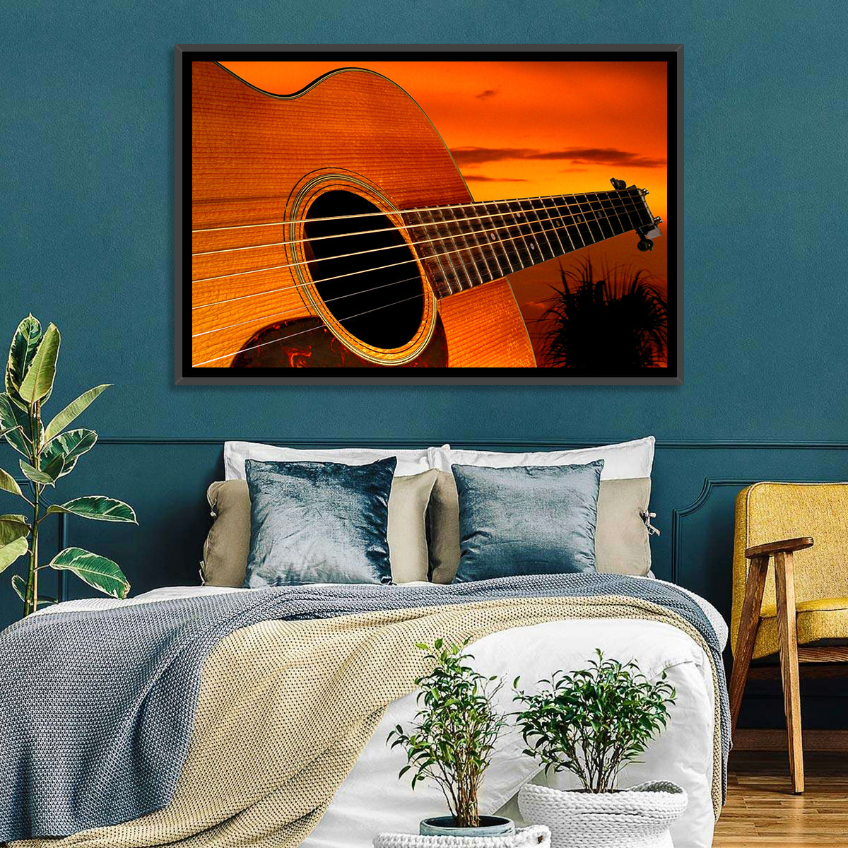 Sunset Acoustic Guitar Silhouette Wall Art
