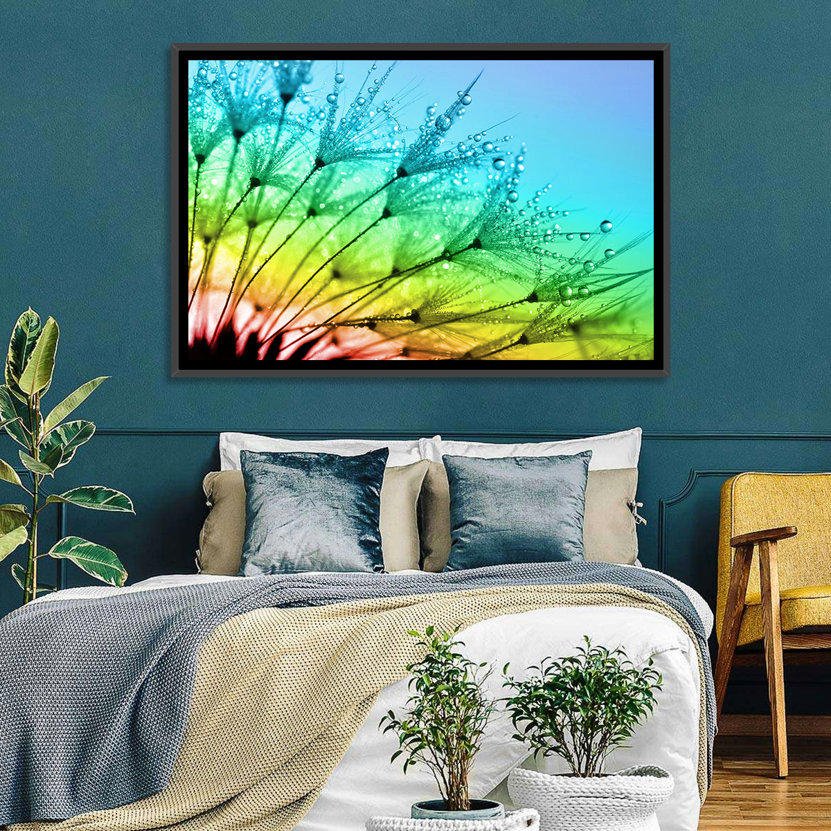 Dewy Dandelion Close-up Wall Art in a room, landscape
