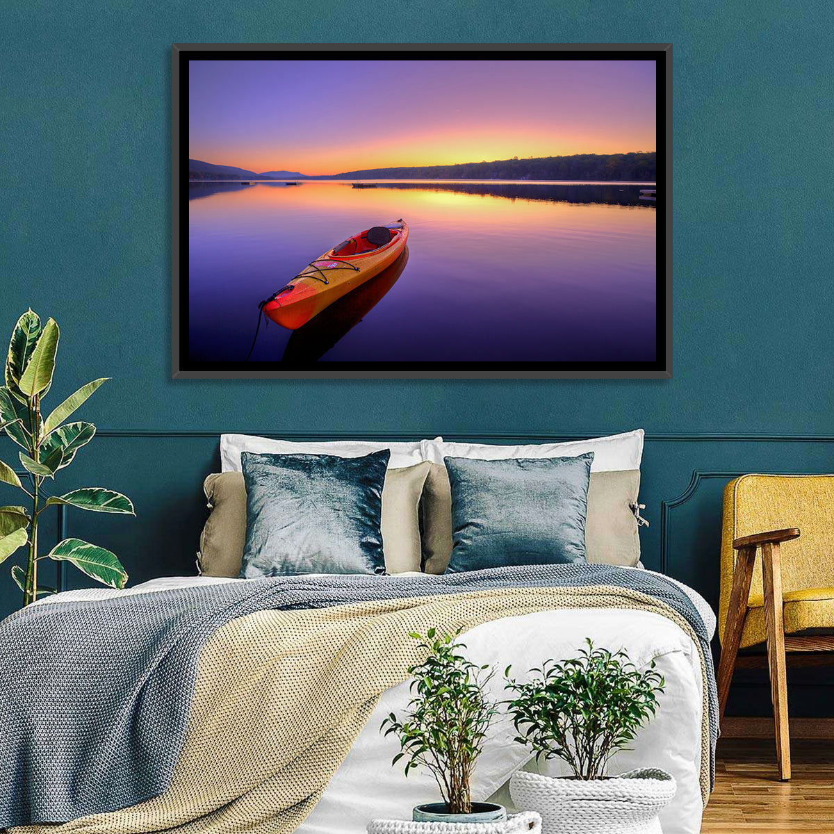 Bright Orange Kayak at Sunset Wall Art in a room, landscape